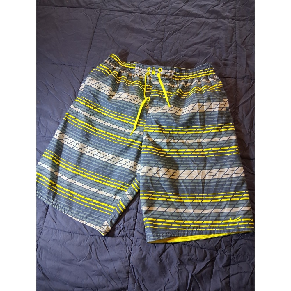 Nike Mens Swim Trunks Large Grey Neon Volt Yellow‎ Geometric Stripe Board Shorts